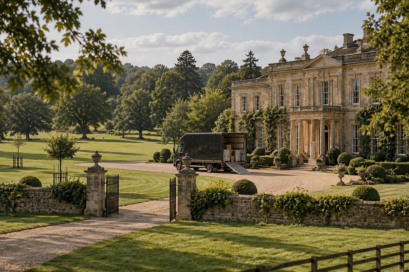 A removal lorry parked on the gravel drive of a stone country house